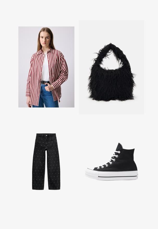 Camicia a righe rosse e bianche con colletto, taschino sul petto e maniche lunghe, abbinata a jeans blu a vita alta e una cintura nera.; Jeans a gamba larga in denim nero con un motivo di piccoli occhielli in argento, dotati di un classico design a cinque tasche e chiusura con bottone.; Sneaker alta nera in tela con occhielli e lacci bianchi e suola in gomma. Presenta un punta testurizzata e accenti a strisce bianche e nere.; Even&Odd Shopping bag - black