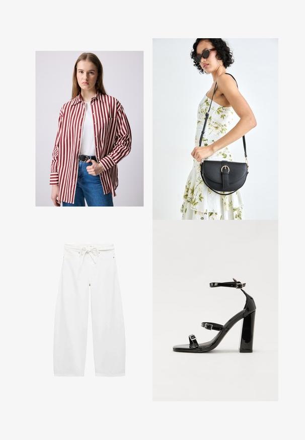 Cămașă cu dungi roșii și albe, cu guler, buzunar pe piept și mâneci lungi, purtată cu blugi albastri cu talie înaltă și o curea neagră.; Pantaloni largi albi dintr-un material ușor, cu talie cu șnur, două buzunare frontale și accente simple din metal.; Sandale negre din piele lacuită, cu toc înalt, două curele cu catarame, vârf pătrat și toc gros, având o textură netedă și lucioasă.; Geantă din piele neagră, cu o formă curbată, curea detașabilă și accesorii aurii. Geanta are un capac cu un detaliu tip cataramă.