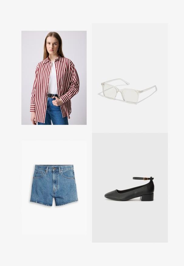 Red and white striped button-up shirt with a collar, chest pocket, and long sleeves, paired with high-waisted blue jeans and a black belt.; Denim shorts in light blue, featuring five pockets, a zip fly, and a button closure. The hem is frayed with a relaxed fit design.; Black leather pump with a pointed toe and a low block heel. Features an ankle strap with a gold-tone buckle. Smooth texture.; Clear plastic square-frame glasses with translucent lenses, featuring gold accents on the temples for added detail.; Light gray leather bag with a U-shaped design and a curved metallic handle. Smooth texture with minimal stitching and no visible patterns.