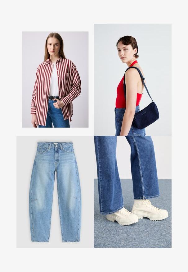 Camisa abotonada a rayas rojas y blancas con cuello, bolsillo en el pecho y mangas largas, combinada con jeans de cintura alta azules y un cinturón negro.; Vaqueros de denim azul claro con un corte relajado, que presentan una cintura alta, piernas rectas y sutiles detalles de costura en los bolsillos frontales.; Zapatillas deportivas blancas de caña alta con suelas gruesas y estriadas, y detalle de logo circular, combinadas con jeans de mezclilla de pierna ancha en azul claro.; Bolso de hombro de denim azul con una superficie texturizada, correa ajustable y herrajes plateados. Forma compacta con cierre de cremallera.