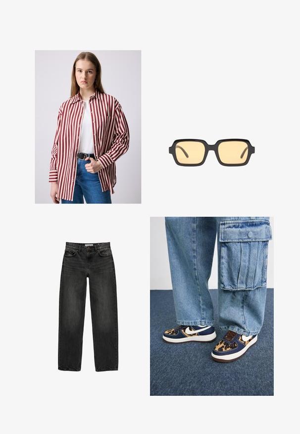 Červeno-bílá pruhovaná košile na knoflíky s límcem, náprsní kapsou a dlouhými rukávy, spárovaná s džínami s vysokým pasem a černým pásem.; Černé džíny z denimu se uvolněným střihem, rovnými nohavicemi, pětikaškovým designem a lehce vybledlým vzhledem. Zapínání na knoflík a zip v přední části.; Námořnické modré tenisky s akcenty v tygřím vzoru, bílý znak Nike, hnědé tkaničky a bílá mezipodrážka. V kombinaci se světle modrými cargo kalhotami.; Černé obdélníkové sluneční brýle se žlutými skly, lehký rám a charakteristické tupé hrany na spáncích. Hladký, lesklý povrch.; Hnědá kožená taška se sbíraným vrškem a řetízkovým popruhem. Hladký povrch s lesklým finišem a jemným švem na bocích.