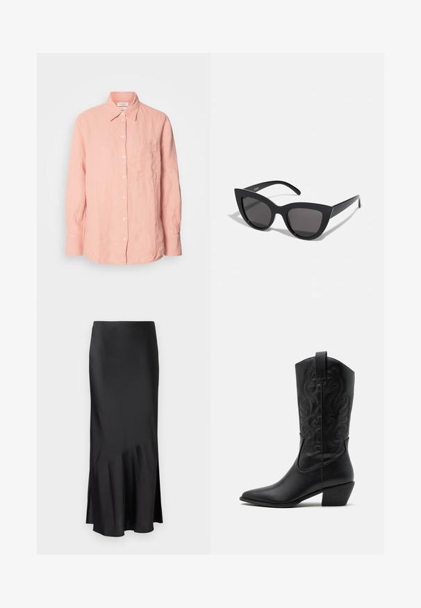 Šviesiai rožinė lininė marškinė su apykakle, mygtukų priekyje, ilgomis rankovėmis ir kišene kairėje pusėje. Su tekstūruotu audiniu, laisvo supjaustymo.; Juodas satino midi sijonas su elegantišku dizainu, kuris turi šiek tiek platėjančią apatinę dalį ir šonine išpjova, užtikrinančia laisvą judėjimą. Lygus paviršius.; Juodas odinis kaubojiškas botas su smailiu pušku, iškaltomis vingių rašmenimis ir vidutinio aukščio kulnu. Yra kilpa, skirta patogiam užmaunimui.; Juodos katės akies akinių nuo saulės su matinio paviršiaus danga, turinčiais pilkai tonuotus lęšius, aštriomis linijomis ir elegantiškomis šoninėmis kojelėmis. Prekės ženklas matomas vidinėje kojelėje.