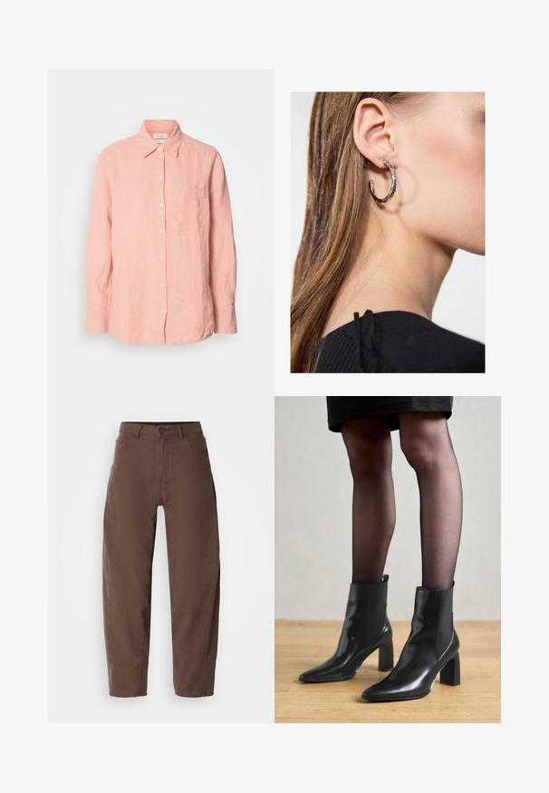 Cămașă din in roz deschis, cu guler, închidere cu nasturi, mâneci lungi și un buzunar pe partea stângă. Material texturat cu o croială lejeră.; Pantaloni drept bej, cu nasture și fermoar în față, cu bucle pentru curea și buzunare laterale, expuși pe un fundal alb.; Botine negre din piele, cu vârful ascuțit, toc pătrat masiv și un design elegant. Au panouri laterale elastice pentru o îmbrăcare ușoară.; Cercel din argint cu un finisaj polișat, având detalii mici din aur și o formă rotundă, purtat pe lobul urechii.