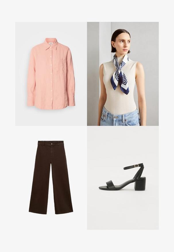 Svetloružová ľanová košeľa s golierom, zapínaním na gombíky, dlhými rukávmi a vreckom na ľavej strane. Textúrovaná látka s voľným strihom.; Hnedé široké nohavice z bavlnenej zmesi, s roztrhnutým lemom, predným zapínaním na gombík a klasickým dizajnom s piatimi vreckami. Minimalistické a všestranné.; Čierne sandále na podpätku so hladkým koženým vrchom, otvorenou špičkou, širokými prednými prúžkami a nastaviteľným členkovým popruhom so zlatým prackom.; Hedvábný šátek v námořnické modři a bílé s geometrickým zigzagovým vzorem. Hladká textura, úhledně uvázán kolem krku, doplňuje žebrovaný top.; Priehľadné a jantárové prstene z živice, jeden je hladký a priesvitný, druhý má textúrovaný jantárový povrch. Obe sú zaoblené a robustné.