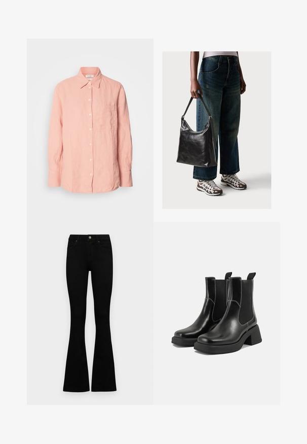 Light pink linen shirt with a collared neck, button front, long sleeves, and a pocket on the left side. Textured fabric with a casual fit.; Black high-waist jeans with a button and zip closure, front pockets, and flared legs laid flat on a white background.; Black leather Chelsea boots with a chunky heel, elastic side panels, and contrasting white stitching. Textured finish.; Black leather shoulder bag with a smooth texture and adjustable strap, paired with faded wide-leg jeans and athletic sneakers.