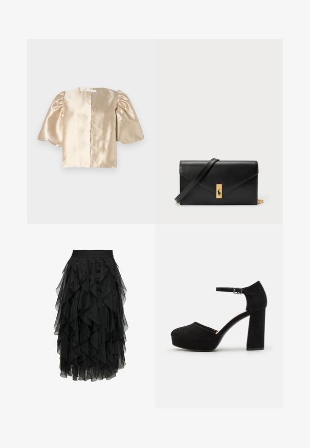 Top corto de satén beige con mangas abullonadas, escote redondo y cierre central. El diseño presenta una textura suave con un sutil brillo.; Falda midi negra de tul en capas con un diseño con volantes. Presenta una cinturilla elástica. El tejido transparente añade textura y movimiento.; Zapatos de tacón de ante negro, con plataforma y un grueso tacón cuadrado, punta redondeada y una correa en el tobillo asegurada con una hebilla de metal. Textura suave en toda su superficie.; Billetera de cuero negra con solapa plegable, hardware dorado, que presenta un acento de logo. Incluye una correa desmontable para llevarla.