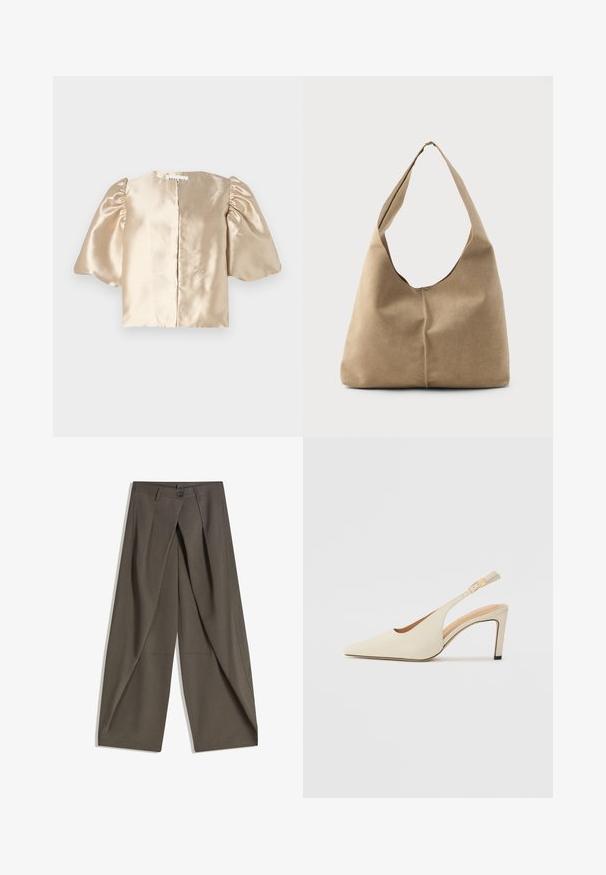 Crop top beige en satin avec des manches bouffantes, un col rond et une fermeture centrale. Le design présente une texture lisse avec un léger éclat.; Pantalons à jambes larges en tissu texturé gris foncé. Présente un pli avant, une fermeture par bouton et des poches latérales pour plus de praticité.; Talons compensés en cuir beige avec un bout pointu, un design ouvert sur le côté et un talon haut fin. Comprend un accent doré sur la sangle.; Sac hobo en suède beige doux avec une forme décontractée, une large bandoulière et un détail de couture à la main sur le devant.