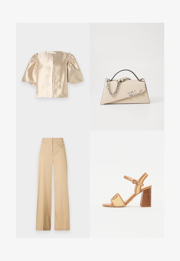 Saténový béžový cropped top s balónovými rukávmi, okrúhlym výstrihom a centrálnym zapínaním. Dizajn má hladkú textúru s jemným leskom.; Bežové nohavice so širokými nohavicami vyrobené z kombinácie bavlny. Majú hladkú textúru, elastický pás a detail s bočnými gombíkmi.; Hnedé kožené a tkané slamenné sandále na podpätku, s pásikom okolo členka, otvorenou špičkou a robustným dreveným podpätkom so horizontálnymi pruhmi.; Béžová kožená kabelka so štruktúrovaným trojuholníkovým tvarom, s kovovým strieborným reťazovým uškom a zakriveným logom z kovu.