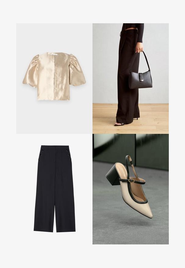 Satin-beigefarbenes Crop-Top mit Puffärmel, rundem Ausschnitt und zentralem Verschluss. Das Design verfügt über eine glatte Textur mit einem subtilen Schimmer.; Weite Hosen aus dunkelblauem Stoff mit einer glatten Textur, Vorderfalten und dekorativen goldfarbenen Ösen an den Seitentaschen.; Beige Slingback-Schuh mit spitzer Zehenpartie, schwarzer Umrandung, goldener Schnalle und dicker Blockabsatz auf grauem Boden vor dunklem grünen Hintergrund.; Schwarze Handtasche mit strukturierter Form, glatter Textur und einem metallischen Verschluss. Kombiniert mit weiten schwarzen Hosen und offenen Sandalen auf einem Holzboden.