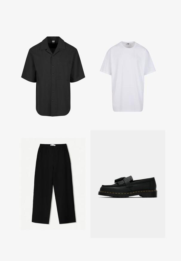 Zwarte kortekraag shirt met een textuurpatroon, een puntige kraag en een voorzak. Knopen sluiting aan de voorkant.; Witte katoenen t-shirt met korte mouwen, ronde hals, relaxte pasvorm en zonder zichtbare logo's of patronen. Gladde textuur en minimalistisch ontwerp.; Zwarte wijde broek van textuurstof, met een elastische tailleband en zijzakken. Eenvoudig, minimalistisch ontwerp zonder versieringen.; Zwarte leren instapper met kwastjes, gele stiksels langs de zool en een dikke, gegroefde rubberen buitenzool.