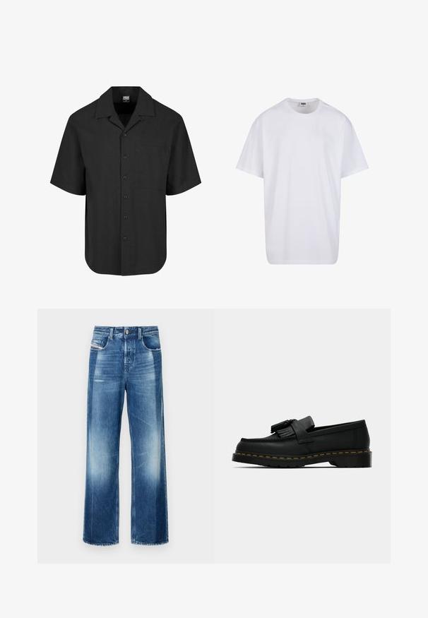 Fekete, rövid ujjú ing, texturált mintával, hegyes gallérral és elülső zsebbel. Gombbal záródik az elején.; Fehér pamut póló rövid ujjal, kerek nyakú, laza szabású, és nincsenek látható logók vagy minták. Simább textúra és minimalista dizájn.; Középkék, széles szárú farmernadrág, gombos zárással, elülső zsebekkel és enyhe fakulással. Tisztára vágott szegély, egyenes fazon.; Fekete bőr lófarok cipő, bojttal, sárga varrással a talp mentén, és vastag, bordás gumitalppal.