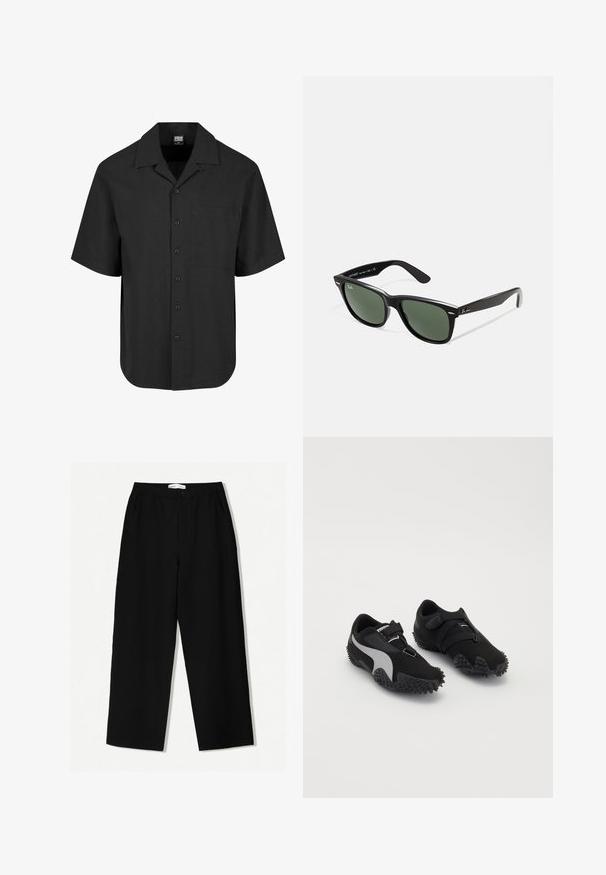 Maglietta nera a maniche corte con un motivo testurizzato, colletto a punta e taschino anteriore. Chiusura con bottoni sul fronte.; Pantaloni neri a gamba larga con un tessuto texturizzato, dotati di una vita elasticizzata e tasche laterali. Design semplice e minimale senza decorazioni.; Scarpe sportive nere con suole testurizzate, una silhouette snella e un design con accenti grigi; presentano una cinghia di chiusura sicura e un sistema di allacciatura.; Occhiali da sole in plastica nera con lenti verdi, montatura quadrata, dettaglio argento sulla parte superiore e steli con texture. Marchio indicato sulla parte interna dello stelo.; Borsa a spalla in pelle nera con una texture morbida e liscia, parte superiore arcuata e base arrotondata, abbinata a pantaloni chiari.; Orologio da polso in metallo argentato con cassa quadrata, quadrante bianco, numeri romani e bracciale a maglie argentate. Presenta un design resistente all'acqua.