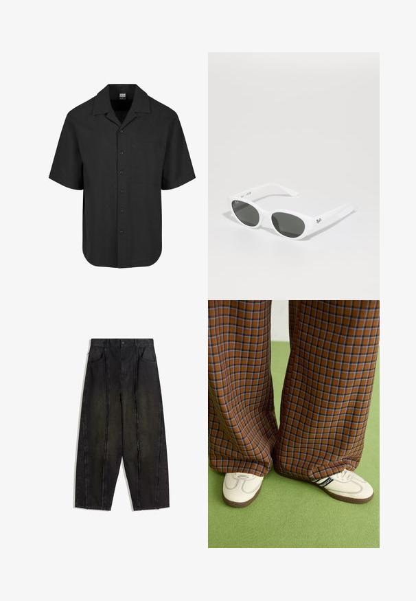 Čierna košeľa s krátkym rukávom, ktorá má štruktúrovaný vzor, špicatý golier a prednú vrecko. Vetvené zapínanie pozdĺž prednej strany.; Čierne nohavice s širokými nohavicami z denimu, viditeľné švy a rozstrapkané okraje, so zapracovanými prednými vreckami a vysokým pásom.; Hnedé a modré kárované nohavice s širokými nohavicami skombinované s bielymi topánkami s čiernymi akcentmi a textúrovanými podrážkami, umiestnené na zelenom pozadí.; Biele slnečné okuliare so zaoblenými rámami a tmavými sklami. Majú hladký plastový povrch a malé logo na nožičke.