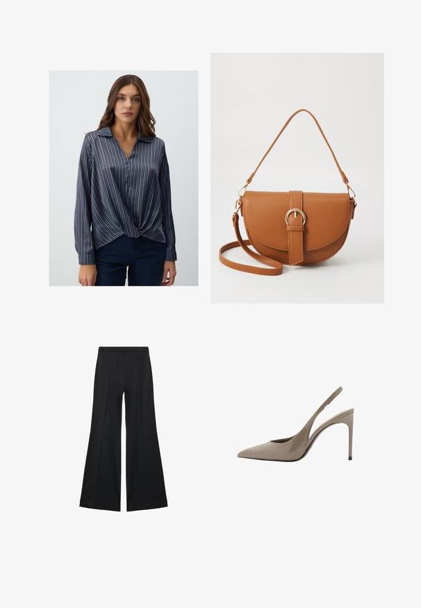 Navy und gestreiftes Button-Up-Hemd mit Kragen, Knotendetail vorne und langen Ärmeln. Das Material ist glatt mit einem leichten Glanz.; Schwarze weit geschnittene Hose mit glatter Textur, ausgestattet mit Frontfalten und einem taillierten Design. Der Stoff ist leicht und fließend.; Beige Lackleder Slingback High Heels mit spitzem Schuh und elegantem Design, ausgestattet mit einem dünnen Absatz und einem Ausschnitt an der Seite.; Braune Leder-Crossbody-Tasche mit geschwungener Form, goldfarbenen Beschlägen und einer Schnallenakzentuierung. Verfügt über einen abnehmbaren Schultergurt.