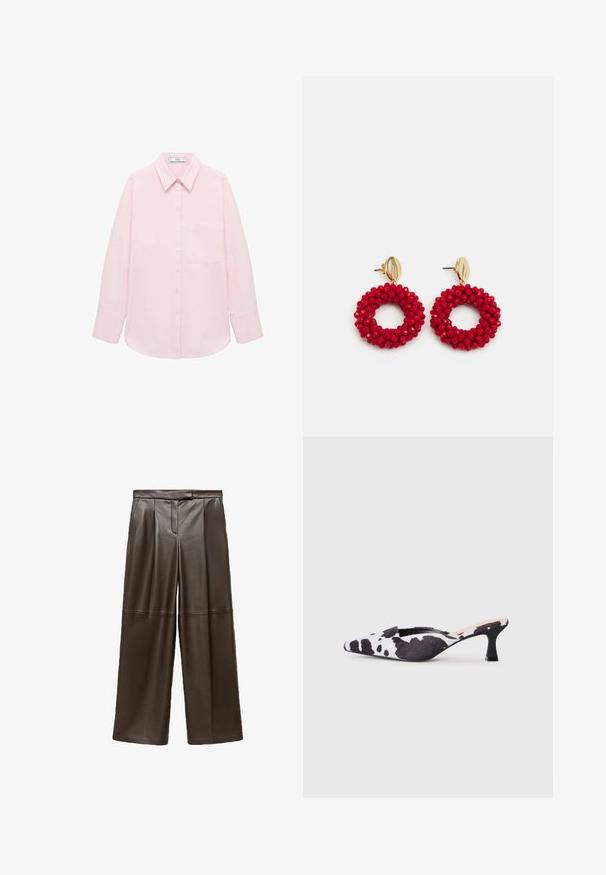 Světle růžová dlouhá košile s knoflíkovým zapínáním, špičatým límcem, jednou kapsou a hladkou texturou. Má manžety se zapínáním.; Hnědé kožené kalhoty s širokými nohavicemi a hladkým texturem, se záhyby vpředu a klasickým designem pasu.; Sandalové lodičky s špičatou špičkou a zúženým páskem v černobílem vzoru kravské kůže. Textilní svršek s texturovaným povrchem a štíhlým černým podpatkem.; Červené kroužkové náušnice pokryté korálky s texturovaným povrchem a pozlaceným uzávěrem. Kulatý tvar s otevřeným středem a zaoblenými detaily korálků.