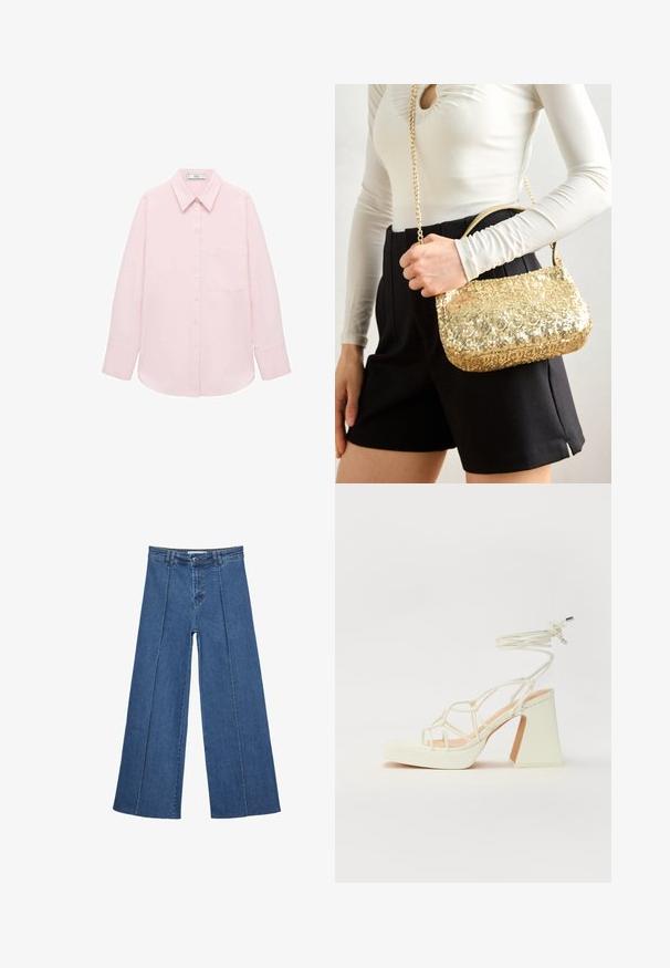 Světle růžová dlouhá košile s knoflíkovým zapínáním, špičatým límcem, jednou kapsou a hladkou texturou. Má manžety se zapínáním.; Džíny s širokými nohavicemi v středně modré barvě, se zvýšeným pasem, knoflíkovým zapínáním a kontrastními vertikálními švy vpředu.; Bílé sandály na vysokém podpatku s robustním podpatkem, s designem s pásky a zavazováním kolem kotníku. Hladký povrch s platformou vpředu pro zvýšení výšky.; Zlatá kabelka s flitry v obdélníkovém tvaru, vybavená krátkým uchopením a dlouhým řetízkovým popruhem. Textura je lesklá a reflexní.