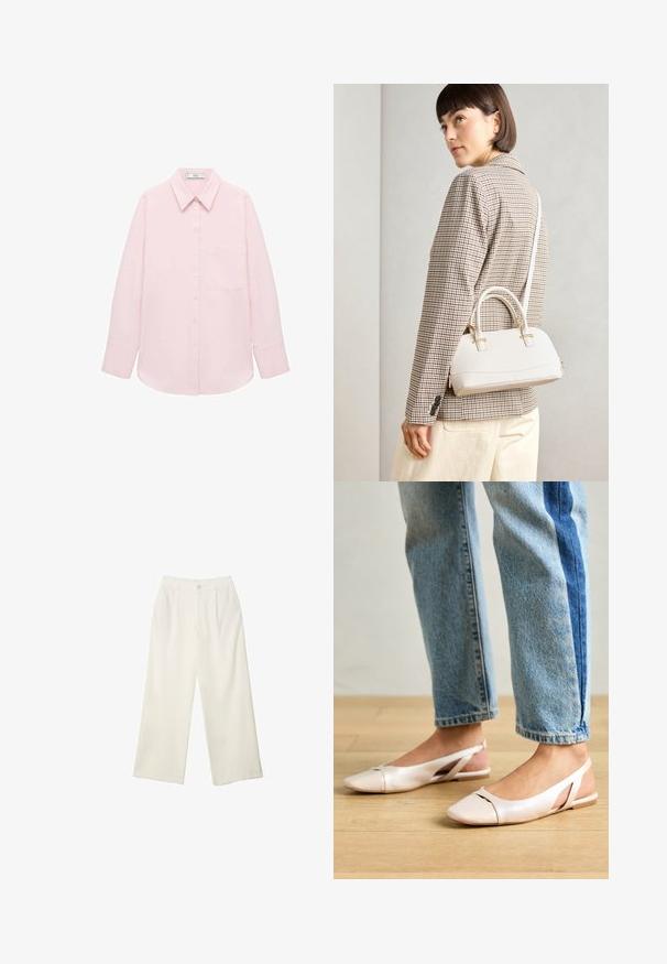 Helles rosa Langarmhemd mit Knopfleiste, spitzem Kragen, einer einzelnen Tasche und glatter Textur. Mit aufgekrempelten Ärmeln.; Helle Stoffhose mit weitem Bein und glatter Textur, ausgestattet mit einem einzelnen Knopf vorne, dezenten Falten und einem Hochbund-Design.; Blassrosa Slingback-Ballerinas mit spitzem Punkt, aus einem glatten, lederähnlichen Material. Mit Ausschnitten an den Seiten und einem flachen Absatz.; Weiße strukturierte Handtasche mit kurzen Griffen und einem Schultergurt, ausgestattet mit goldfarbenen Hardware-Elementen und strukturiertem Material, vor einem grauen Hintergrund präsentiert.; Goldring mit strukturiertem, wellenförmigem Design, das drei markante Spitzen aufweist. Glatte, glänzende Oberfläche mit einem offenen Band für einen verstellbaren Sitz.