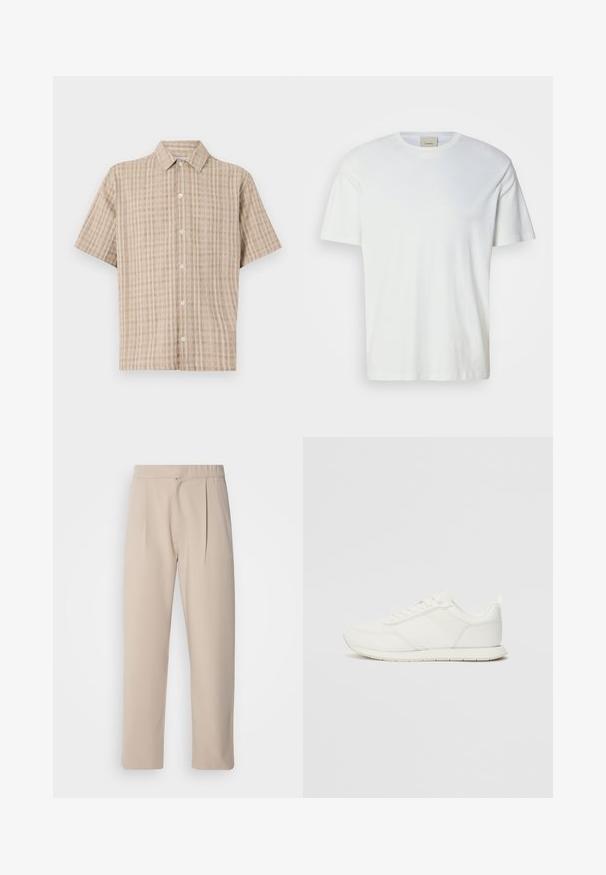 Short-sleeve, collared shirt in beige with a checked pattern. Made from a textured fabric, featuring a button-down front and a relaxed fit.; Plain white short-sleeve crew neck T-shirt with a visible Calvin Klein label inside the collar, displayed on a neutral background.; Beige, pleated trousers made of soft fabric. Features an elastic waistband, straight legs, and a smooth texture. No pockets or accents.; White sneaker with a mesh and synthetic upper, round toe, flat laces, and a textured side stripe. Rubber sole with a pull tab at the back.