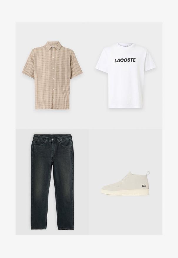 Korte ermer, krage skjorte i beige med rutete mønster. Laget av et teksturert stoff, med knappestolpe foran og avslappet passform.; Hvit bomulls t-skjorte med en fremtredende svart "LACOSTE" logo på brystet. Korte ermer og rund hals.; Mørkeblå denimjeans med rette ben, med fem lommer, glidelås og kontraststing. Subtil fading på stoffet.; Lys grå semsket ankelstøvler med rund tå, hvit gummisåle og subtil logo-detalj på siden. Har snøring.