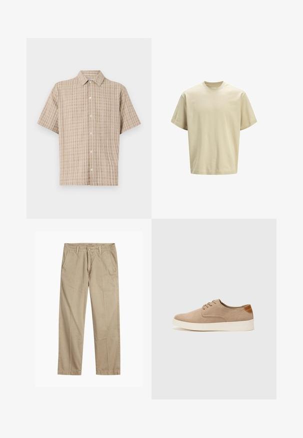 Rövid ujjú, galléros ing bézs színben, kockás mintával. Texturált anyagból készült, gombos elülső résszel és laza fazonnal.; Beige pamut póló laza szabással, kerek nyakkivágással és rövid ujjal. Simaság jellemzi, nincs rajta minta vagy látható fém részlet.; Beige egyenes szárú chino nadrág övhurkokkal, elülső gombos és cipzáras záródással, valamint ferde elülső zsebekkel.; Beige velúr sportcipő, kerek orral, fűzős elülső résszel és textúrált hátsó részlettel. Fehér gumitalp kontrasztot ad. Egyszerű és modern design.