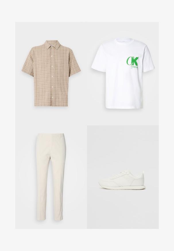 Beige krāsu īsām piedurknēm apģērbs ar apkakli un pārbaudes rakstu. Izgatavots no teksturēta auduma, ar pogām uz priekšu un brīvu piegriezumu.; Balts kokvilnas T-krekls ar zaļu CK logo kreisajā krūtīs. Klasiska apļa kakla dizains ar īsām piedurknēm un taisnu apakšdaļu.; Kremai krāsas piegrieztas bikses ar teksturētu audumu. Ar taisnu kāju dizainu, jostas cilpām un divām priekšējām kabatām. Bez rakstiem.; Baltie sporta apavi ar mežģīņu un sintētisko augšdaļu, apaļu purngalu, plakanu mežģīņu un teksturētu sānu joslu. Gumijas zole ar cilpu aizmugurē.