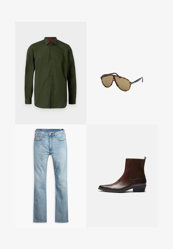 HUGO VALERIO - Camicia elegante - dark green; Jeans in denim blu chiaro, design a gamba dritta, dotati di cinque tasche, cuciture a contrasto e chiusura con bottone in vita.; Stivale alla caviglia in pelle marrone con punta affusolata, pannelli elastici laterali, dettagli testurizzati sul davanti e tacco basso a scossaline.; Occhiali da sole tartarugati con lenti marroni, stile aviator, caratterizzati da un design elegante della montatura e dettagli metallici sulle aste.