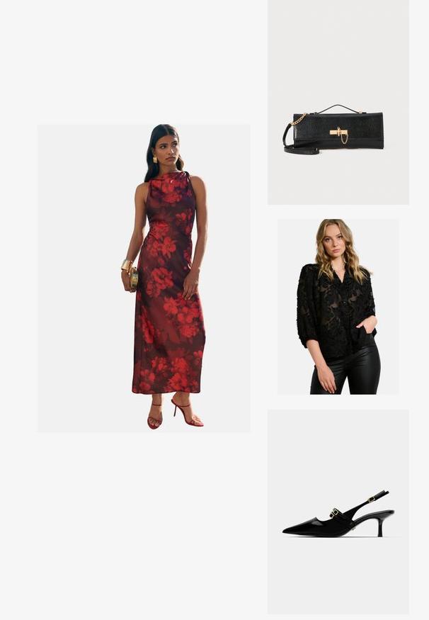 Juoda permatoma bluzonė su tekstūriniais gėlių raštais, apykakle ir mygtukų užsegimu. Derinama su prigludusiomis juodomis kelnėmis.; Ilga be rankovių suknelė tamsiai burgundiškoje spalvoje su raudonais gėlių raštais. Suknelė turi aukštą kaklą ir plaukuojančią medžiagą. Derinama su raudonais aukštakulniais.; Juodos lakuotos odinės slingback kulnų bateliai, su smailiu pirštu, kuriuose yra dvigubi auksiniai sagtelės akcentai ir lieknas stiletto kulnas.; Juodas delninukas su tekstūruotu paviršiumi, auksinės grandinėlės dirželiu ir sagties uždarymu. Stačiakampio formos, su elegantišku, minimalizmo stiliumi.