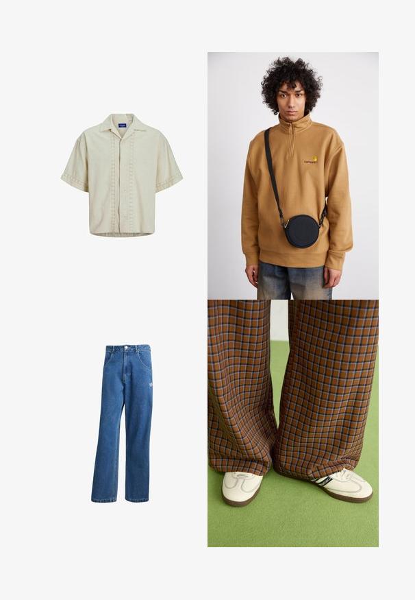 Lühikeste varrukatega beezist linast pluus, millel on nööbid ees, ja keskosas ning varruka äärtes on augud. Sirge allserv.; Sinine kõrge vöökohaga avar jakkidega teksapükse, millel on ees taskud, vöökoharingid, nupuga sulgemine ja väike Adidas'i logo paremal reiel.; Pruunide ja siniste ruuduliste laiad püksid, mille juurde on kombineeritud valged kingad mustade aktsentidega ja tekstuursete taldadega, roheline taust.; Prune neljandikta väikese tõmbluku ja broderi logoga fliissweater, mille peal on must ümmargune risti-õlakott, millel on tõmblukk ja logodetail, kombineerituna teksadega.