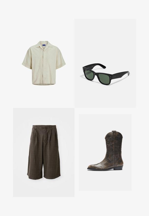 Short-sleeve shirt in beige linen with a button front, featuring eyelet detail along the center and sleeve cuffs. Straight hemline.; Brown striped shorts with a loose fit. Made from lightweight fabric, featuring pleats and a cuffed hem for added detail.; Brown leather cowboy boot with a tall shaft, pointed toe, intricate stitching patterns, and a small heel. Textured finish throughout.; Black rectangular sunglasses with green lenses, matte finish, subtle hardware accents, and embossed logo on the temple.