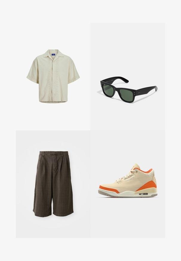 Kratkām piedurknēm krekls no bežām lina ar pogu priekšpusi, ar acu izgriezuma detalizāciju vidū un piedurkņu malās. Taisna apakšmala.; Brūni svītraini šorti ar brīvu piegriezumu. Izgatavoti no viegla auduma, ar piegriezumiem un ar apmali, piešķirot papildus detaļas.; Bēša kedas ar oranžiem akcentiem, kanvas augšdaļa, teksturēta apdare papēdī un redzama gaisa vienība zoles daļā.; Melni taisnstūra saulesbrilles ar zaļiem stikliem, matēta apdare, smalki aparatūras akcenti un iegravēts logo uz tempļa.; Melnas neilona sūtījumu soma ar priekšējo atloku, regulējamu siksnu un plastmasas sprādzi. Iekļauj teksturētu zīmolu uz siksnas un somas ķermeņa.