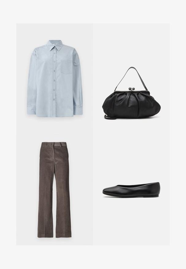 Light blue long-sleeve button-up shirt with pointed collar and chest pocket, laid flat on a white background.; Brown corduroy pants featuring a straight-leg design, vertical ribbed texture, and a standard waistband with belt loops.; Paul Smith TOPANGA - Ballet pumps - black; Black leather handbag with a rounded, pleated design. Features a metallic clasp with two decorative balls and a slim, detachable strap.