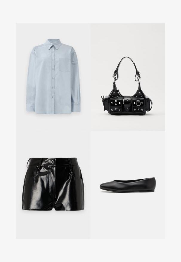 Svetlo modra srajca z dolgimi rokavi in gumbi, s poudarjenim ovratnikom in žepom na prsih, razprostrta na beli podlagi.; Črne, sijoče kratke hlače iz sintetičnega materiala. Imajo prilegajoč pas, zanke za pas in sprednje žepe z izrazitimi šivi.; Paul Smith TOPANGA - Balerinke - black; Črna usnjena torbica s ukrivljenim dizajnom, ki vsebuje srebrne žebljičke, zaponko in dve stranski žepki. Nastavljiv trak za različne možnosti nošenja.