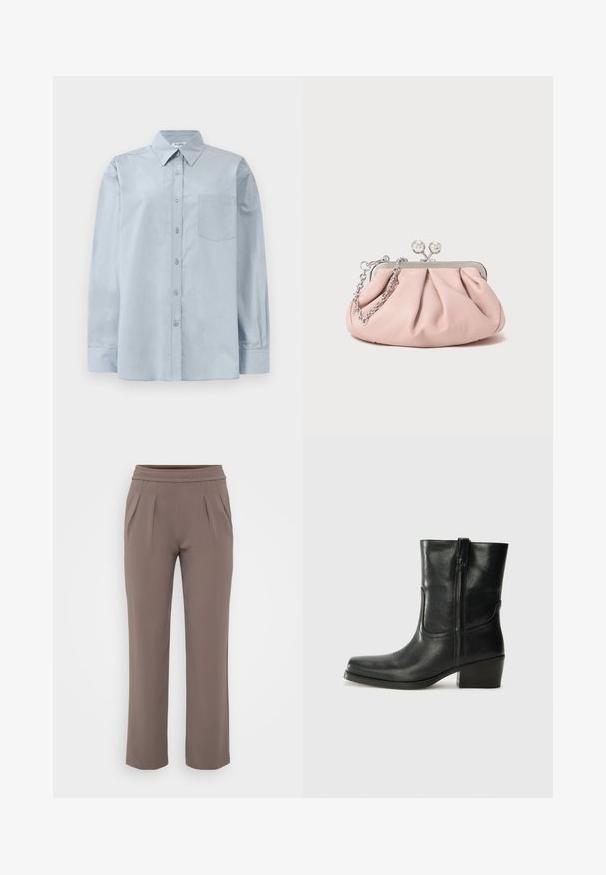 Svijetloplava košulja dugih rukava s gumbima, s oštrim kragnom i džepom na prsima, položena ravno na bijeloj pozadini.; Taupe hlače širokog kroja s elastičnim pojasom i prednjim naborima, izrađene od glatkog materijala.; Crne kožne čizme do članaka s okruglim vrhom, blok potpeticom, bočnim patentnim zatvaračem i detaljima od šavova na gornjem dijelu. Glatka tekstura, klasičan dizajn.; Ružičasta kožna torbica na preklop s naboranim dizajnom, metalnim okvirom, s dva okrugla kopčana i srebrnim lančanim remenom. Glatka tekstura, kompaktni oblik.