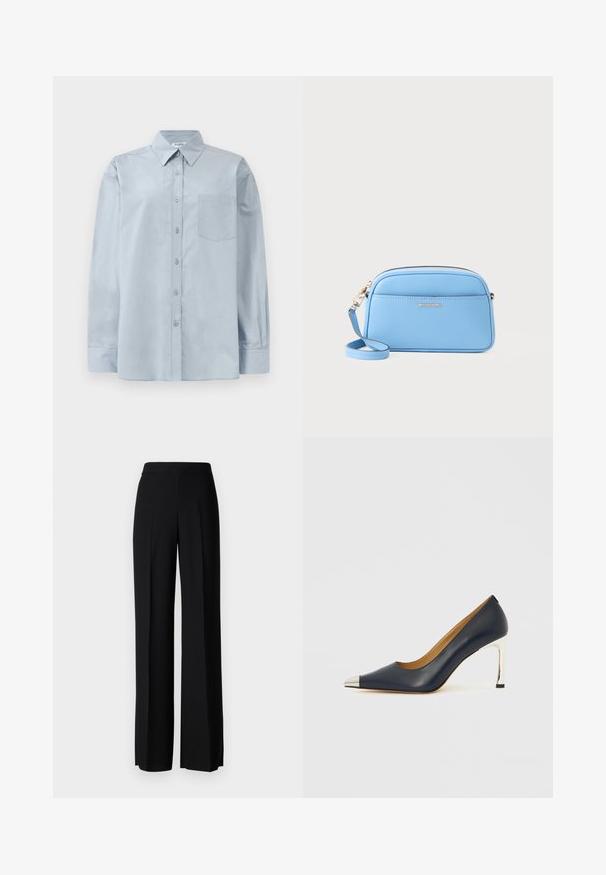Svijetloplava košulja dugih rukava s gumbima, s oštrim kragnom i džepom na prsima, položena ravno na bijeloj pozadini.; Crne široke hlače s glatkom teksturom, s visokim strukom i središnjim pregibima. Nema vidljivih uzoraka ili hardverskih detalja.; Smeđe plava kožna ženska cipela s visokim potpeticama i šiljastim vrhom, s metalnim srebrnim vrhom i sjajnom srebrnom štiklom.; Svijetloplava kožna torba preko tijela s zlatnim detaljima, zatvaranjem na zip i prednjim džepom. Ima podesivu naramenicu za praktičnost.