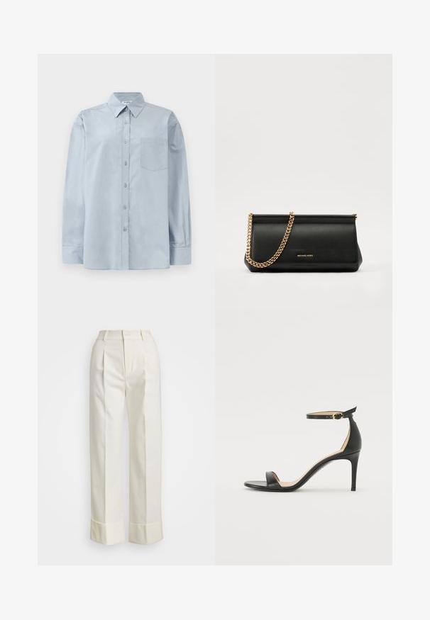 Cămașă albastru deschis cu mânecă lungă, cu guler ascuțit și buzunar pe piept, așezată pe un fundal alb.; Pantaloni albi personalizați, cu talie înaltă, pliseuri duble în față și picioare largi, cu manșete pliate. Confecționați dintr-un material neted și texturat.; Sandale cu toc înalt din piele neagră, cu barete pentru glezne. Prezintă o textură netedă, vârf deschis și un toc subțire. Detalii cu cataramă de culoare aurie.; Plică din piele neagră cu o curea din lanț auriu, având o textură netedă, formă rectangulară și o marcă embosată pe față.