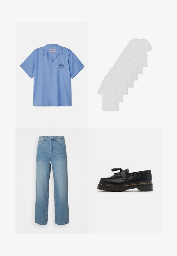 Világoskék, rövid ujjú ing, hegyes gallérral, a bal mellrészen fekete logóval.; Fehér pamut pólók, rövid ujjúak, kerek nyak kialakítással, sima textúrával, sorba rakva, diszkrét logóval a nyaknál.; Magas derekú, világoskék farmernadrág egyenes szárakkal, elülső gombos záródással és öt zsebes stílussal, egyszínű háttér előtt.; Fekete bőr mokaszin, rojtos díszítéssel, masszív fekete talppal és sárga varrással az élén. Texturált felület.