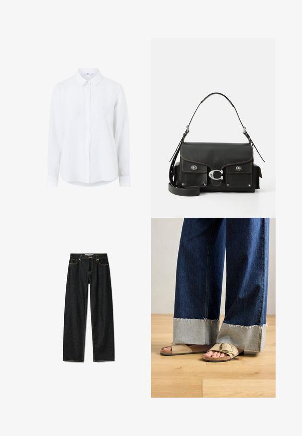 White long-sleeve shirt made of linen with a button-up front, classic collar, and cuffed sleeves. Smooth texture with a lightweight appearance.; Dark denim jeans with a straight-cut design, brass button closure, and contrasting yellow stitching. Features five pockets and a classic fit.; Feet wearing beige Birkenstock sandals with gold buckles, paired with dark blue denim jeans rolled up at the cuffs, standing on wooden floor.; Black leather handbag with a flap closure, silver hardware, two front pockets, contrasting stitching, and a detachable shoulder strap.