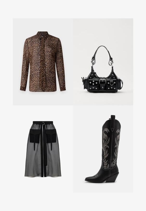 Leopard print blouse with a collar, long sleeves, and a button placket. Made of sheer, lightweight fabric in shades of brown and black.; Black sheer skirt with a gathered waistband, featuring two large front pockets, a waist tie, and a circular metal accent.; Black leather cowboy boots with pointed toes, wedge heels, and silver embroidered floral patterns along the shaft. Contrast stitching throughout.; Black leather handbag with a curved design, featuring silver studs, a buckle, and two side pockets. Adjustable strap for carrying options.