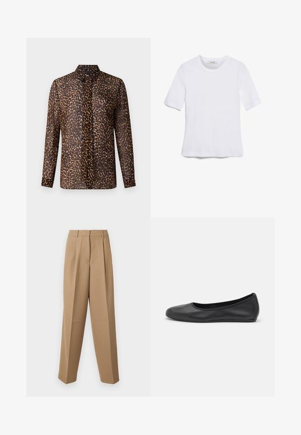 Bluzka w panterkę z kołnierzykiem, długimi rękawami i zapięciem na guziki. Wykonana z przezroczystego, lekkiego materiału w odcieniach brązu i czerni.; Biała koszulka krótki rękaw wykonana z materiału prążkowanego. Okrągły dekolt, regularny krój i subtelne detale szwów. Bez wzorów ani grafik.; Beżowe spodni z wysokim stanem, z przodem plisowanym i szerokimi nogawkami. Materiał wydaje się gładki z delikatnym połyskiem.; Czarne skórzane baletki z zaokrąglonym noskiem, gładką fakturą, minimalnymi przeszyciami i elastycznym designem podeszwy.