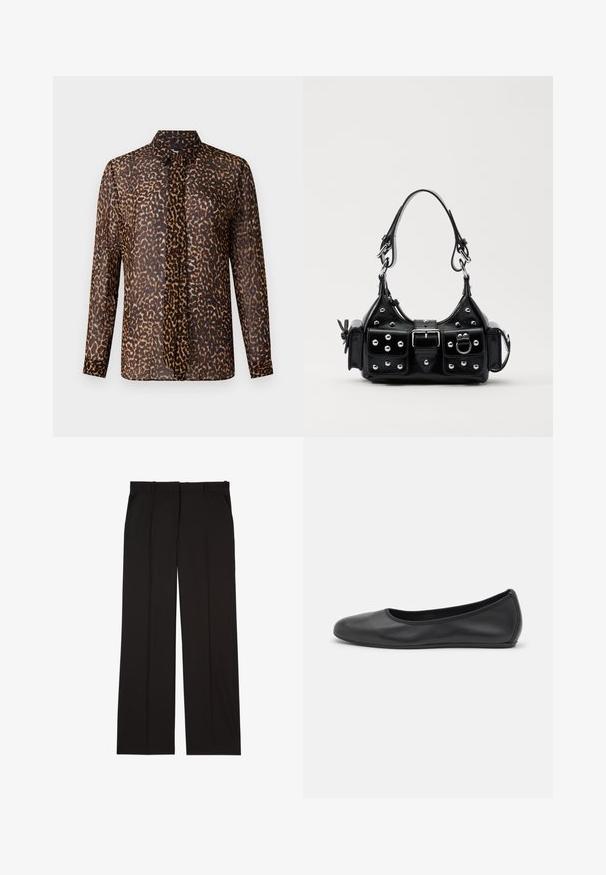Blusa a stampa leopardata con colletto, maniche lunghe e pattina con bottoni. Realizzata in tessuto leggero e trasparente in tonalità di marrone e nero.; Pantaloni neri su misura realizzati in un tessuto liscio, con un design a gamba dritta e due tasche laterali. Costruzione elegante e minimalista.; Pantofole da balletto nere in pelle con punta arrotondata, texture liscia, dettagli di cucitura minimi e design con suola flessibile.; Borsa a mano in pelle nera con design curvo, caratterizzata da borchie argentate, una fibbia e due tasche laterali. Tracolla regolabile per diverse opzioni di trasporto.