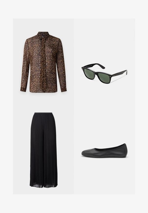 Blusa a stampa leopardata con colletto, maniche lunghe e pattina con bottoni. Realizzata in tessuto leggero e trasparente in tonalità di marrone e nero.; Pantaloni larghi a pieghe neri con vita elastica. Realizzati in tessuto leggero, con pieghe verticali su tutta la superficie.; Pantofole da balletto nere in pelle con punta arrotondata, texture liscia, dettagli di cucitura minimi e design con suola flessibile.; Occhiali da sole in plastica nera con lenti verdi, montatura quadrata, dettaglio argento sulla parte superiore e steli con texture. Marchio indicato sulla parte interna dello stelo.