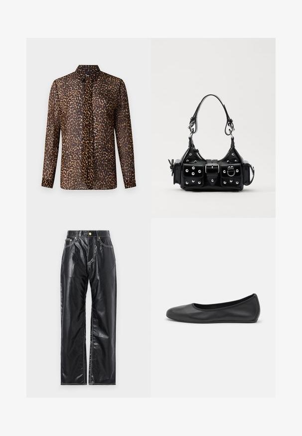 Blusa a stampa leopardata con colletto, maniche lunghe e pattina con bottoni. Realizzata in tessuto leggero e trasparente in tonalità di marrone e nero.; Pantaloni neri in finta pelle con taglio wide-leg, dotati di cuciture bianche, tasche anteriori e un bottone dorato in vita.; Pantofole da balletto nere in pelle con punta arrotondata, texture liscia, dettagli di cucitura minimi e design con suola flessibile.; Borsa a mano in pelle nera con design curvo, caratterizzata da borchie argentate, una fibbia e due tasche laterali. Tracolla regolabile per diverse opzioni di trasporto.