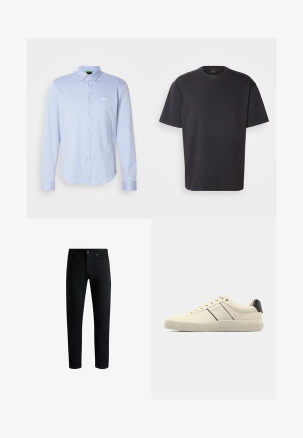 Camisa de botones de manga larga en azul claro con cuello puntiagudo, logotipo blanco en el pecho y tejido texturizado. Corte estándar y dobladillo curvado.; Camiseta de algodón de manga corta negra, con un cuello redondo y un sutil logo en el cuello. Textura suave y corte holgado.; Vaqueros ajustados negros con cinco bolsillos, cierre de botón y trabillas para cinturón, exhibidos sobre un fondo blanco.; Zapatillas de color crema con una textura suave, que presentan acentos y marcas en negro. Diseño clásico de cordones con punta redonda y suela de goma.