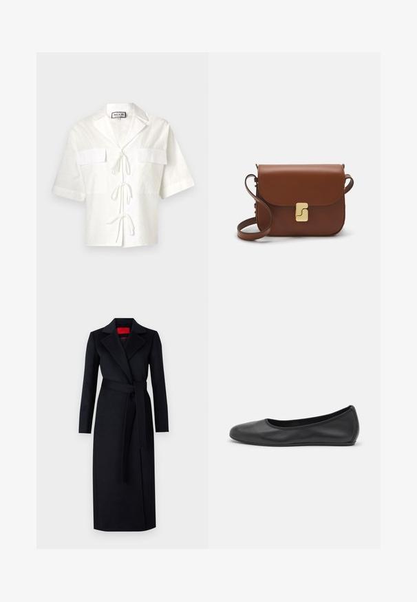 White short-sleeve shirt with a collar, featuring two front pockets and a tie closure down the middle. Textured fabric with a subtle pattern.; Black trench coat with long sleeves, wrap design, and matching belt. Made of smooth fabric, features a notched collar and side pockets.; Black leather ballet flat with a rounded toe, smooth texture, minimal stitching detail, and a flexible sole design.; Brown leather handbag with a flap closure, gold-tone hardware, a shoulder strap, and a smooth texture. Compact rectangular shape.
