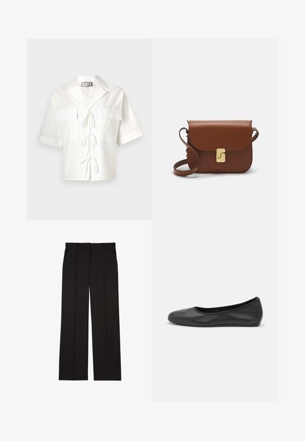 Bela kratka majica s kratkimi rokavi in ovratnikom, ki ima dve sprednji žepi in zavezovanje na sredini. Tekstura tkanine z diskretnim vzorcem.; Črne krojene hlače iz gladkega materiala, s straight-leg obliko in dvema stranskima žepoma. Elegantna in minimalistična zasnova.; Črne usnjene balerinke z zaobljenim nosom, gladko teksturo, minimalnimi šivi in fleksibilno zasnovo podplata.; Rjava usnjena torbica s poklopcem, zlato obarvani okovi, naramnica in gladka tekstura. Kompaktna pravokotna oblika.