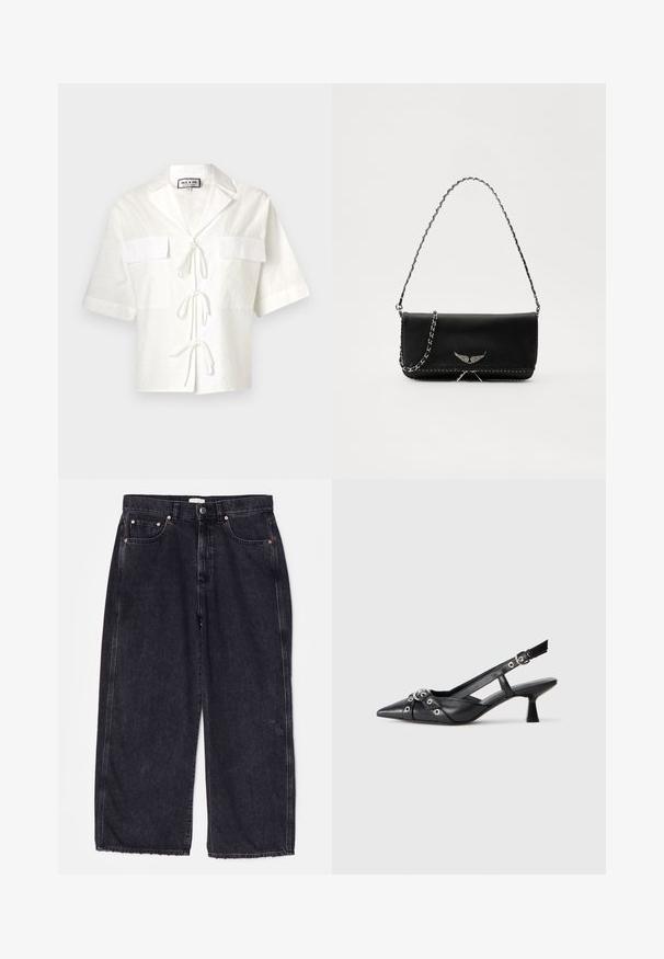 White short-sleeve shirt with a collar, featuring two front pockets and a tie closure down the middle. Textured fabric with a subtle pattern.; Black wide-leg denim jeans with a slightly distressed hem, featuring five pockets and contrasting stitching. Textured fabric with a smooth finish.; Black leather slingback shoe with a pointed toe, decorative straps featuring metal eyelets, and a low block heel. Textured surface.; Black leather handbag with a silver chain strap, featuring decorative wing accents and white stitching along the bottom seam.
