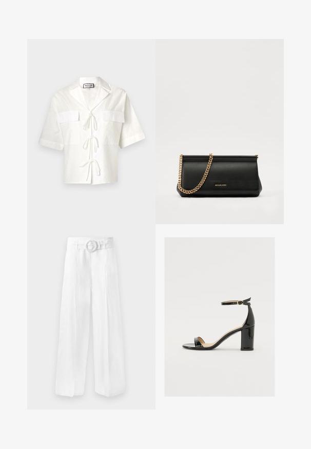Bela kratka majica s kratkimi rokavi in ovratnikom, ki ima dve sprednji žepi in zavezovanje na sredini. Tekstura tkanine z diskretnim vzorcem.; Široke bele lanene hlače z pasom, ki ima zaponko v obliki kroga. Gladka tekstura s prostornim krojem, brez vidnih vzorcev.; Črne patentirane sandale s široko peto, odprtim prstom in trakovi okoli gležnja, ki imajo zlat zajemalec. Gladka tekstura in eleganten dizajn.; Črna usnjena torbica z zlatim verižnim trakom, z gladko teksturo, pravokotno obliko in embosiranim logotipom spredaj.