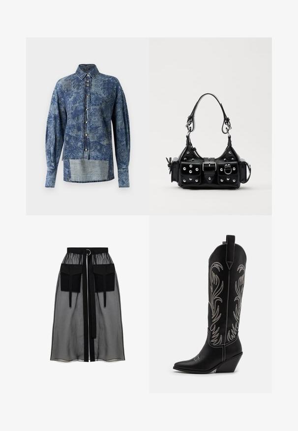 Blauwe gestreepte denimshirt met lange mouwen, een knoopsluiting aan de voorkant en een iets langere achterkant. Gestructureerde stof met bloemmotieven.; Zwarte doorschijnende rok met een verzameld tailleband, voorzien van twee grote voorzakken, een tailleband met strik en een ronde metalen accent.; Zwarte leren cowboylaarzen met spitse neuzen, wiggenhakken en zilver geborduurde bloemmotieven langs de schacht. Contrasterende stiksels overal.; Zwarte lederen handtas met een gebogen ontwerp, voorzien van zilveren studs, een gesp en twee zijvakken. Verstelbare schouderband voor verschillende draagmogelijkheden.