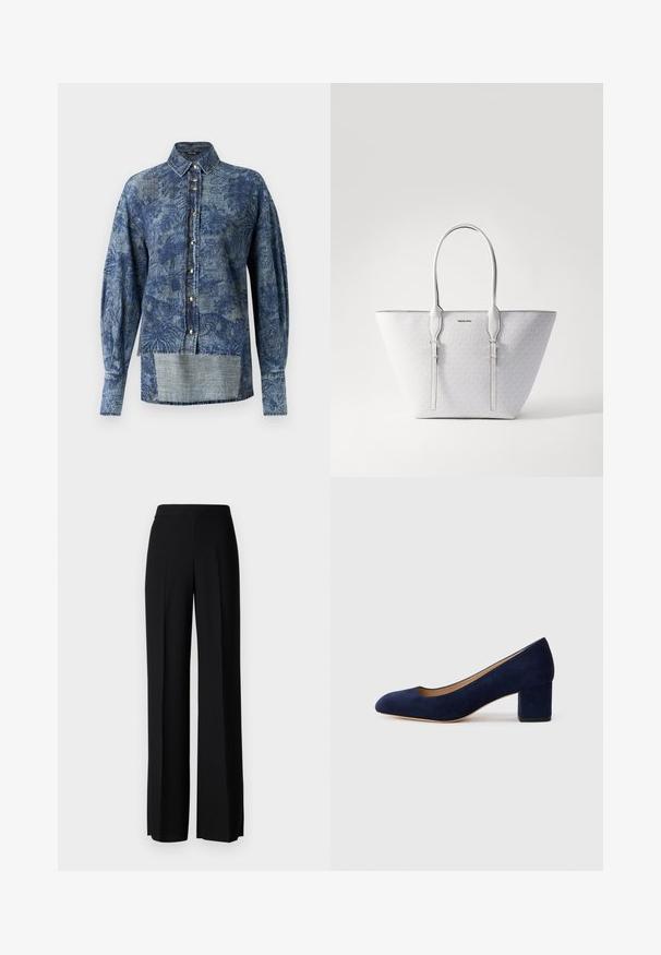 Modrá denimová košile s vzorem, dlouhými rukávy, zapínáním na knoflíky a mírně delším zadním lemem. Texturovaná tkanina s květinovými vzory.; Černé kalhoty s širokým střihem a hladkým povrchem, s vysokým pasem a středovými skladbami. Žádné viditelné vzory ani kovové detaily.; Námořnicky modré semišové lodičky s špičatou špičkou a středně vysokým blokovým podpatkem. Hladká textura s jemným leskem a malým výřezem na přední části.; Taška přes rameno s bílým monogramem, hladkým povrchem a stříbrným kováním. Má dvě pevné ucha a zúžený tvar.