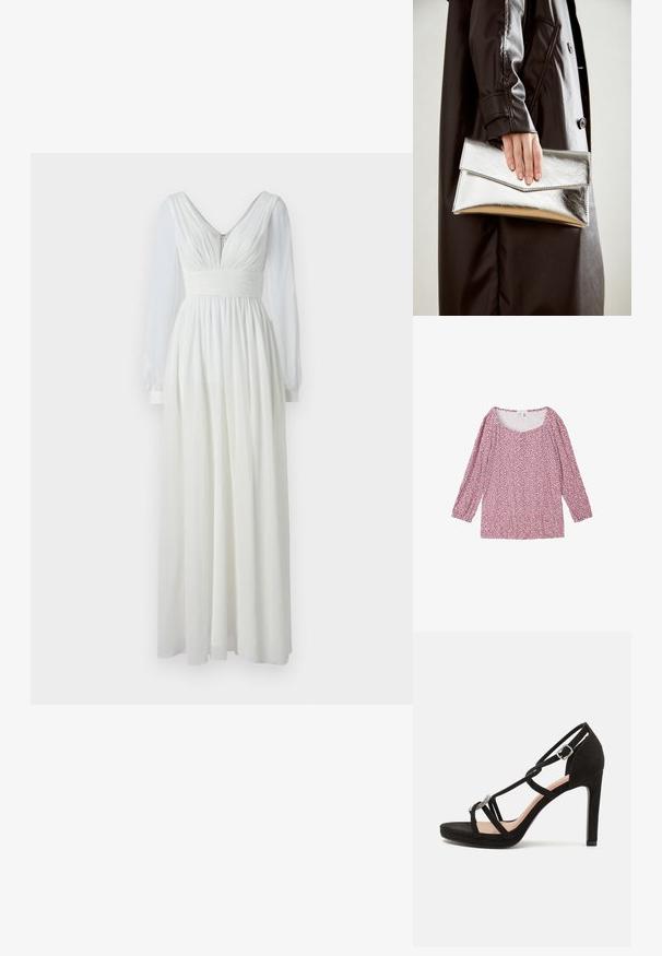 TOM TAILOR 3/4 ARM IN OPTIK - Bluse - organic berry dot design; Langes weißes Kleid mit V-Ausschnitt, tailliertem Oberteil und fließendem Rock. Verfügt über lange, durchsichtige Ärmel und einen Reißverschluss im Rücken. Glatte Textur.; Schwarze Wildleder-Pappelsandalen mit überkreuzten Riemen, einem dekorativen silberfarbenen Akzent und einer Plateausohle für zusätzliche Höhe.; Silberner metallischer Clutch mit einem eckigen Umschlagdesign, glatter Textur und kontrastierender Innenfarbe, gehalten in einer Hand, die einen schwarzen Mantel trägt.